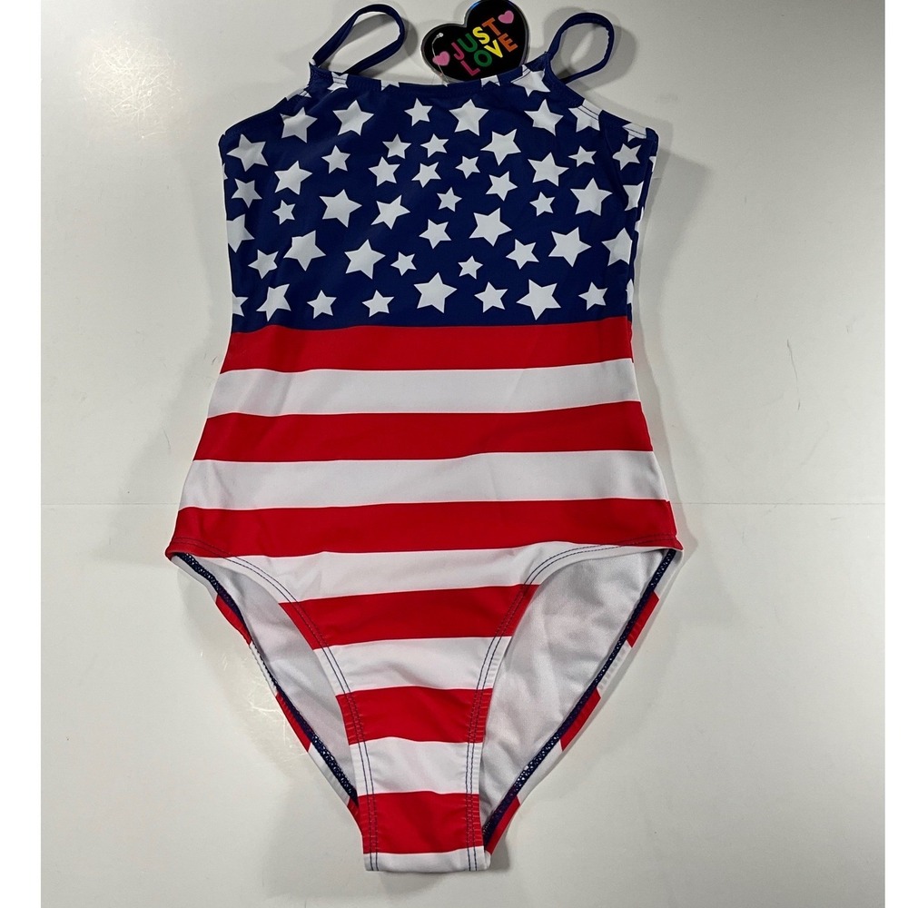 Just Love American Flag One Piece Swimsuit Stars Stripes Red White Blue 10/12